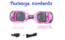 Pink hoverboard with package contents including a charger and key fob on a white background.